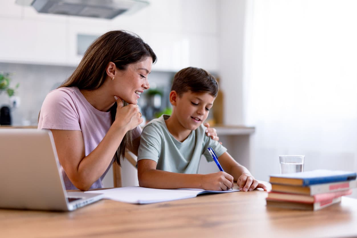 Mother and son learning together